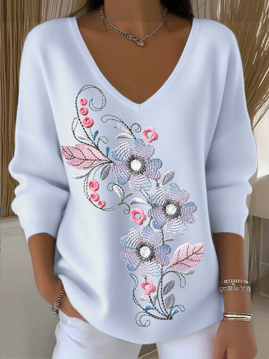 Dámské elegantní květinové vyšívání svetr s v-neck