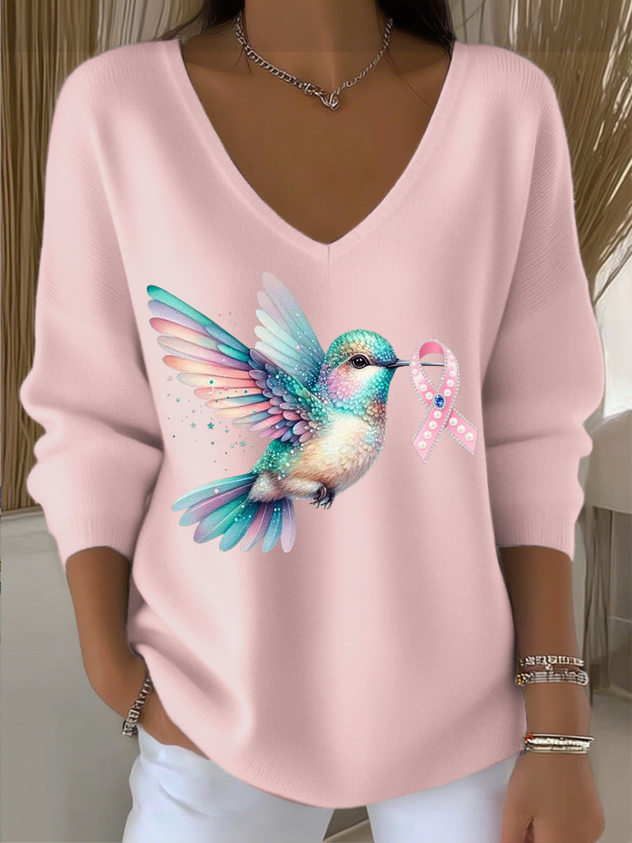 Dámské světlé růžové diamantové kolibřík a stuha v-neck svetr
