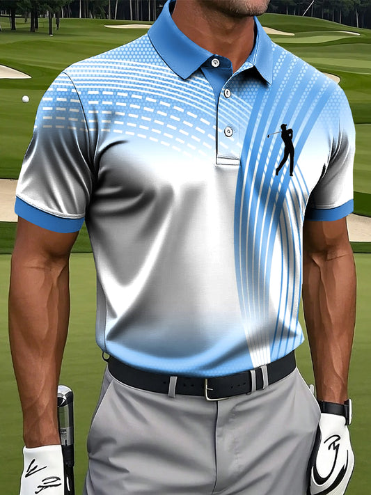Pánské retro gradient line wave art print casual business polo shirt