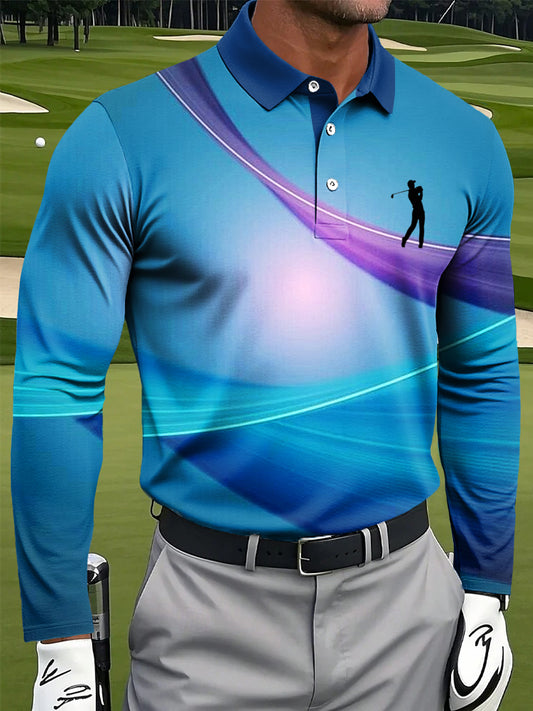Pánské retro abstraktní linka art print casual dlouhé rukávy polo košile