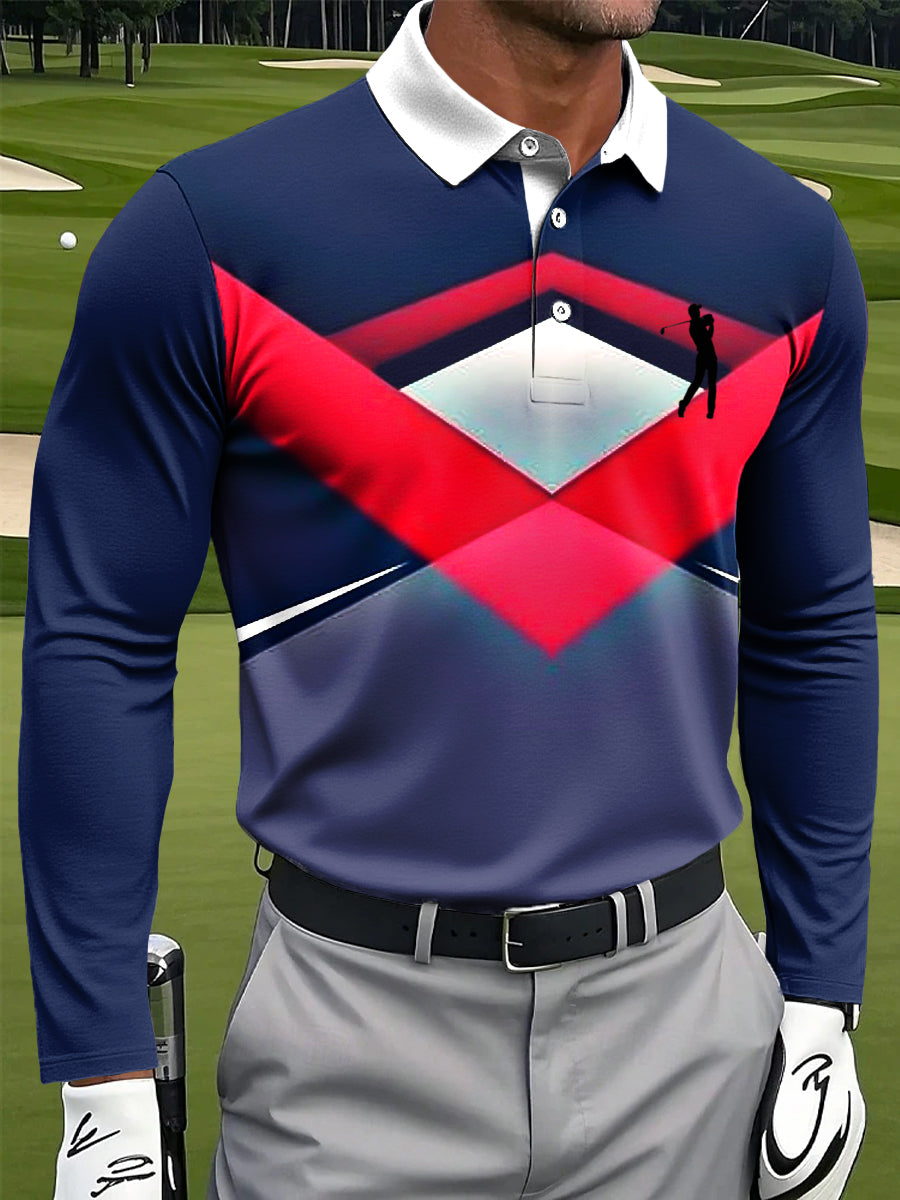 Pánské retro pruhované geometrické umělecké tlačítko příležitostné polo s dlouhými rukávy