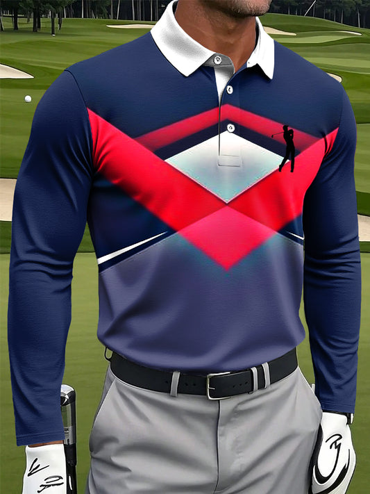 Pánské retro pruhované geometrické umělecké tlačítko příležitostné polo s dlouhými rukávy