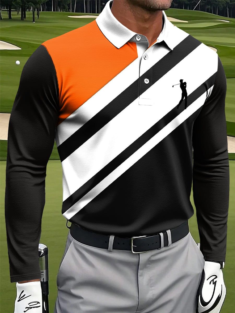 Men's classic striped geometric art print casual long-sleeved polo shirt