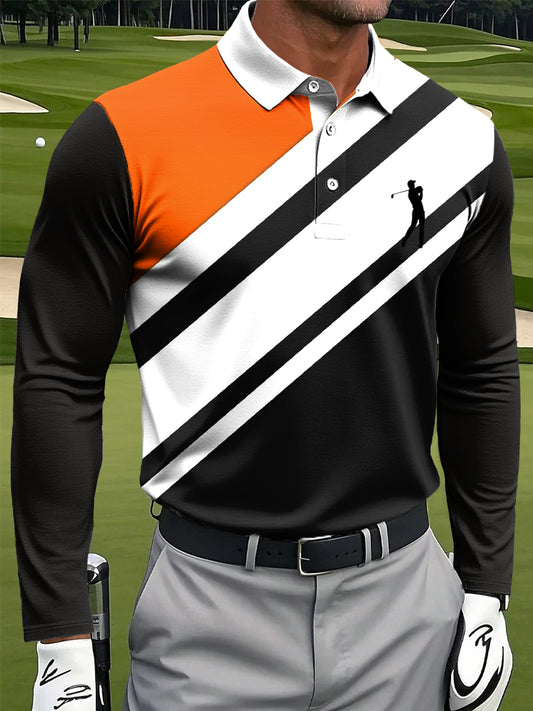 Men's classic striped geometric art print casual long-sleeved polo shirt