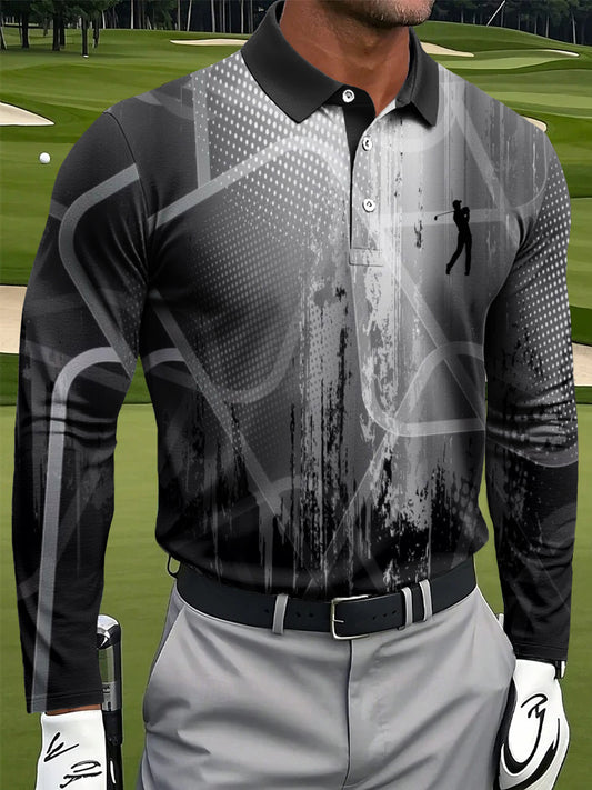 Men's retro gradient geometric texture print casual business long-sleeved polo shirt