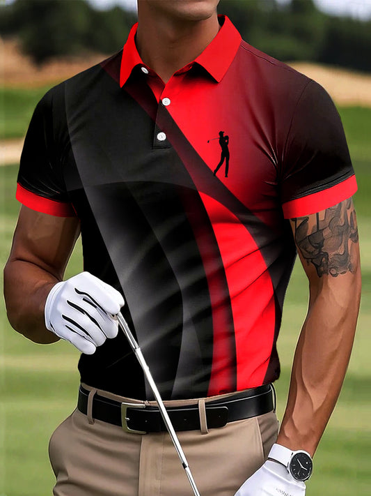 Men's golf vintage gradient line texture art print casual business polo shirt