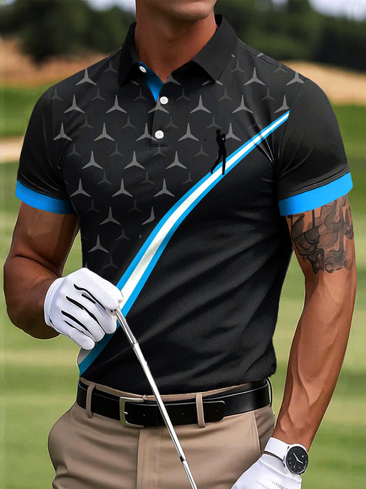Men's golf retro line splicing art print casual business polo shirt