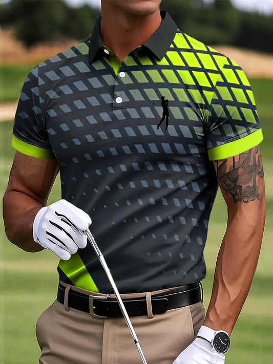 Pánské golfové retro polo tričko s barevným geometrickým potiskem v retro stylu, vhodné pro volný čas i do práce