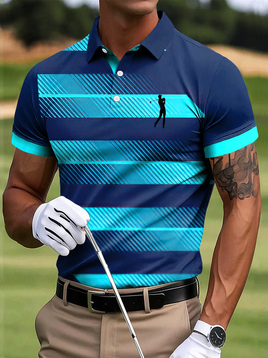 Pánské golfové polo tričko s potiskem inspirovaným vintage stylem a pruhy v odstupňovaných barvách.