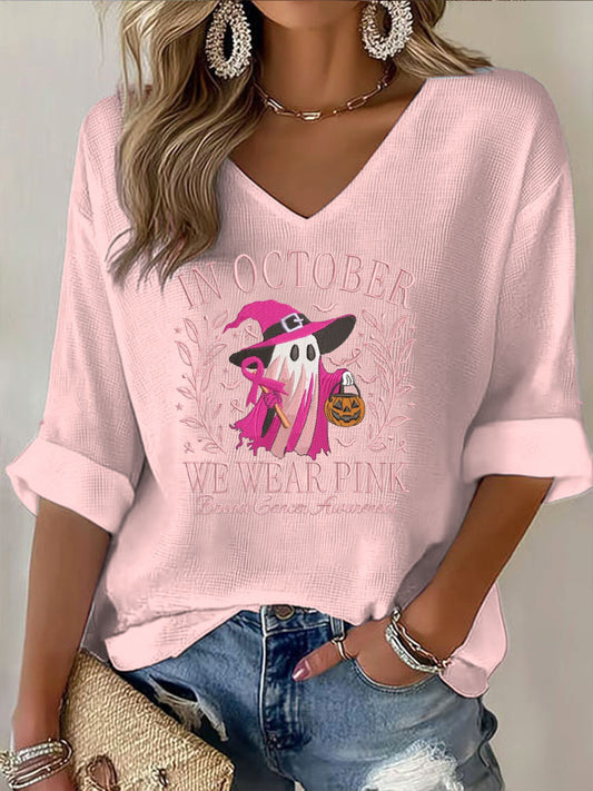 Růžový duch vzor dámské v-neck dlouhý rukáv