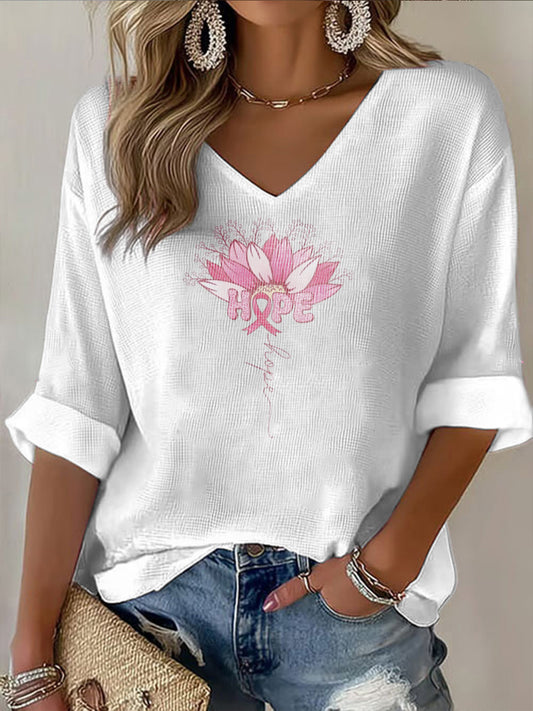 Lady's white ribbon v-neck t-shirt s dlouhým rukávem