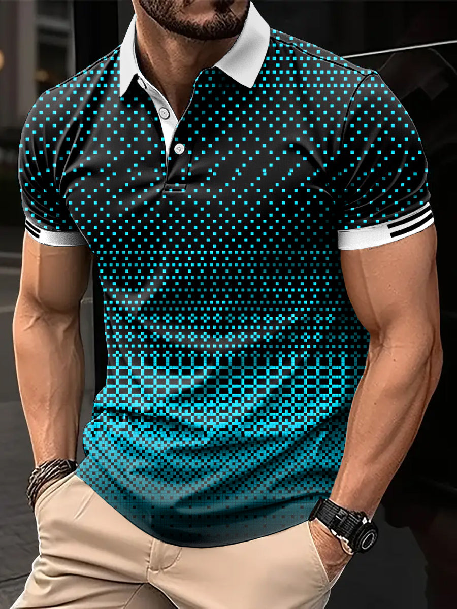 Men's vintage gradient geometric art print casual polo shirt