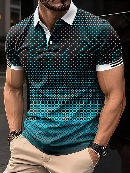 Men's vintage gradient geometric art print casual polo shirt