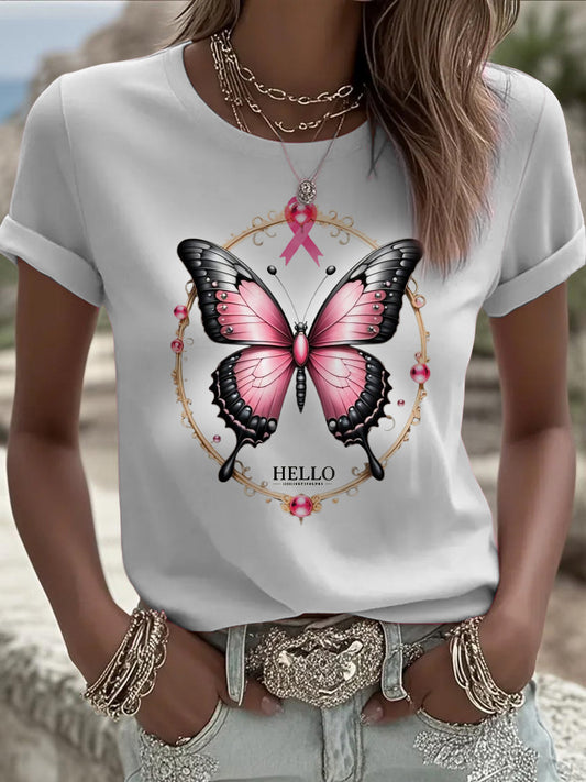 Lady's white three-dimensional printed casual t-shirt