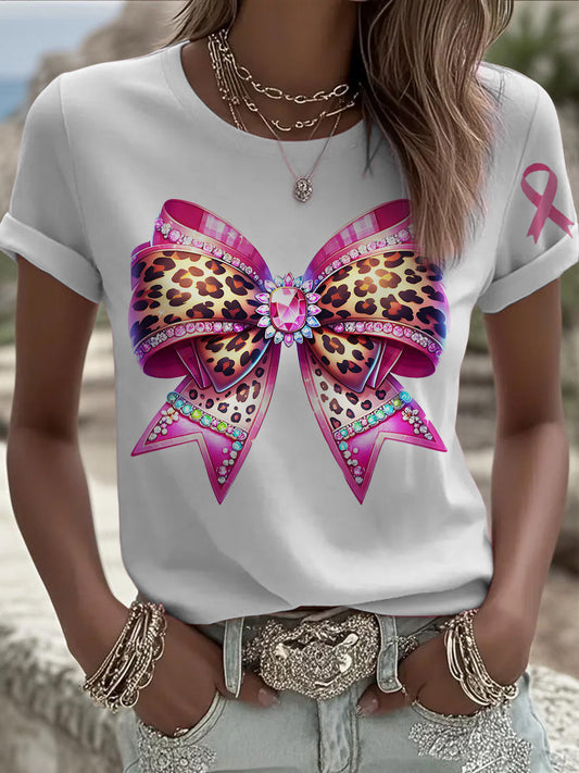Lady's white three-dimensional ribbon casual t-shirt