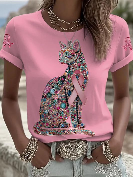 Ženy rakovina prsu cat tištěné vintage fashion volné krátké rukávy t-shirt