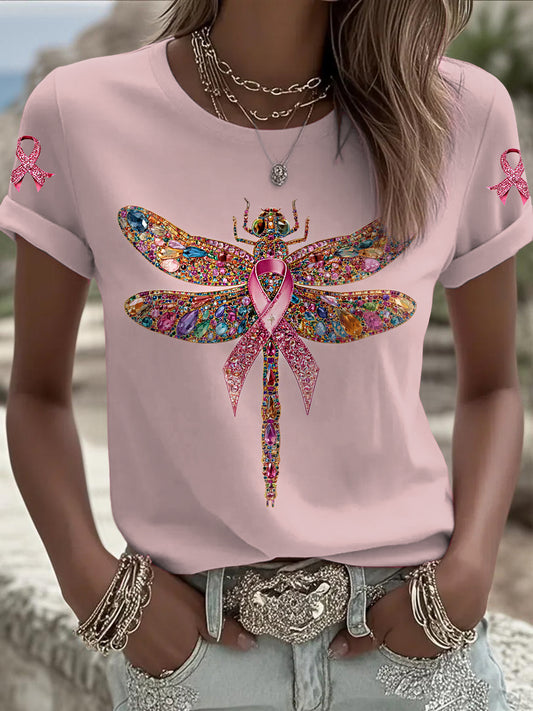 Dámské rakoviny prsu dragonfly tištěné vintage fashion volné krátké rukávy t-shirt