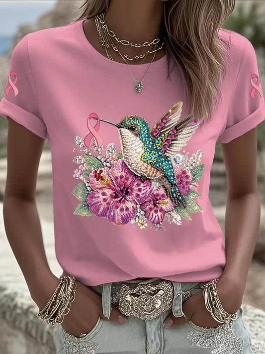 Ženské rakoviny prsu flipy kolibrík tištěné vintage móda volné krátké rukávy t-shirt