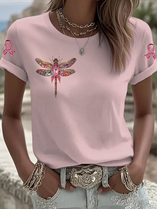 Dámské rakoviny prsu dragonfly tištěné vintage fashion volné krátké rukávy t-shirt