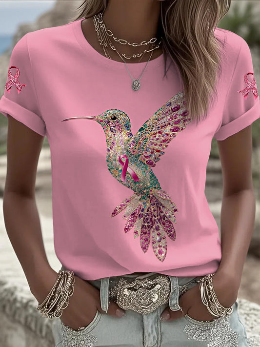 Ženské rakoviny prsu flipy kolibrík tištěné vintage móda volné krátké rukávy t-shirt