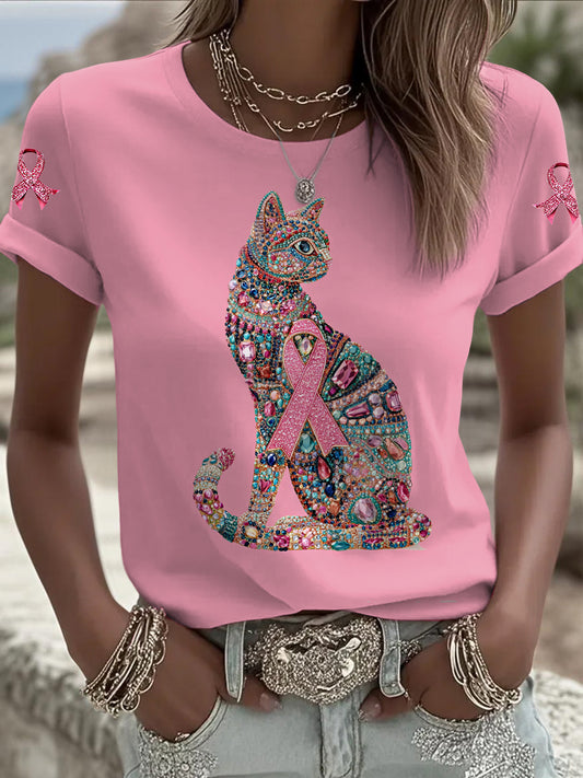 Ženy rakovina prsu cat tištěné vintage fashion volné krátké rukávy t-shirt