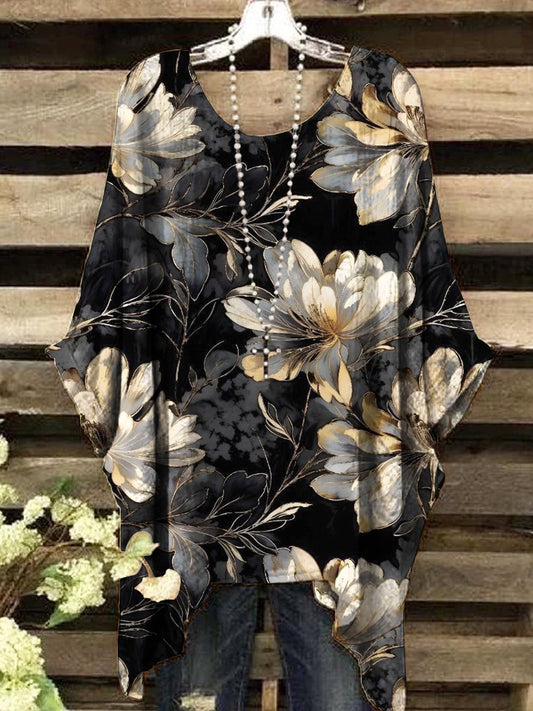 Women's vintage ink and gold floral print top