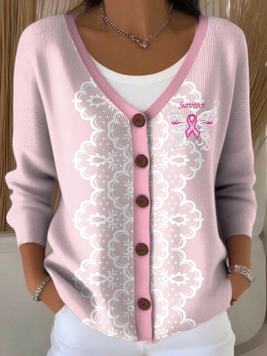 Dámské vintage krajky růžová stuha v-neck pletené vesty