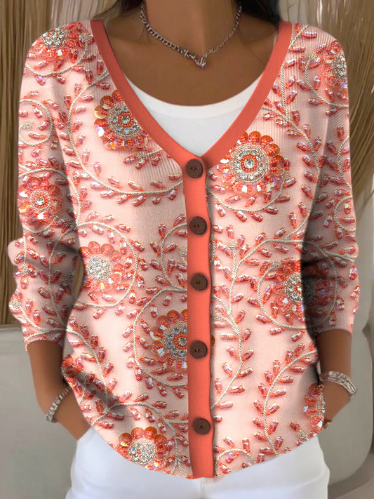 Dámské vintage rhinestone kvetinové v-neck pletené vesty