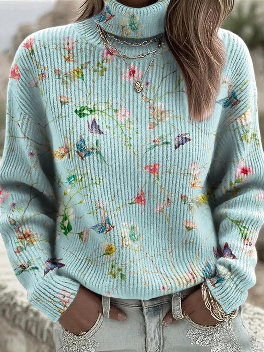 Women's vintage butterfly floral art high-neck svetr