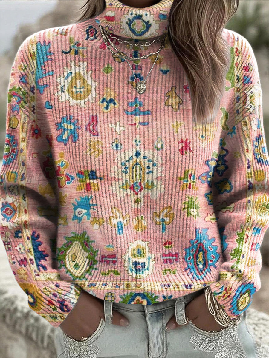 Dámské vintage etnické geometrické kvetinové vysokého krku svetr