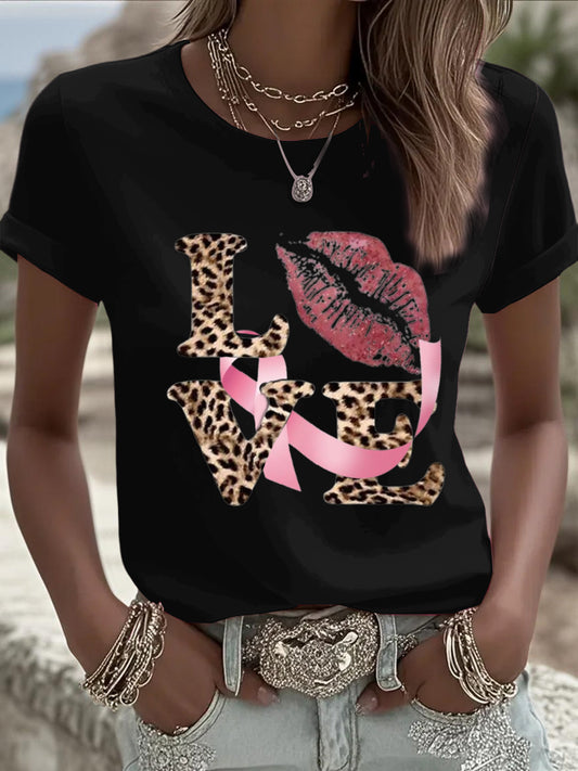 Dámské minimalistický leopard tisk slogan růžová stuha styl černá casual kolo krku t-shirt