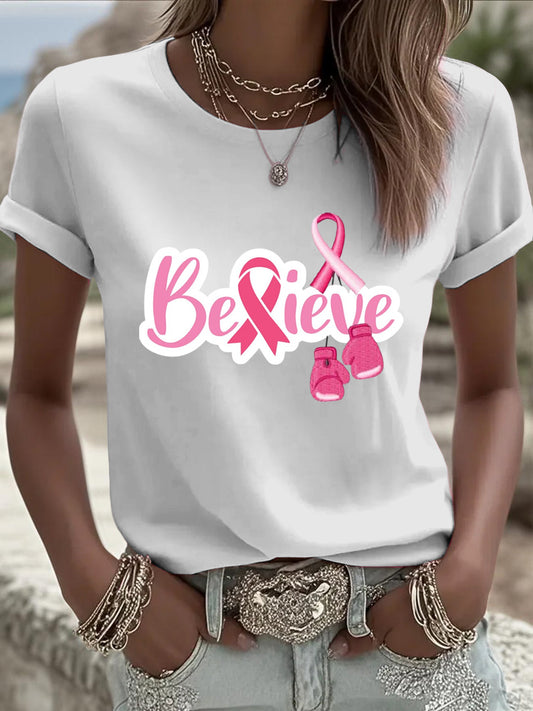Dámské minimalistické boxování rukavice styl bílé neformální kulaté krku t-shirt