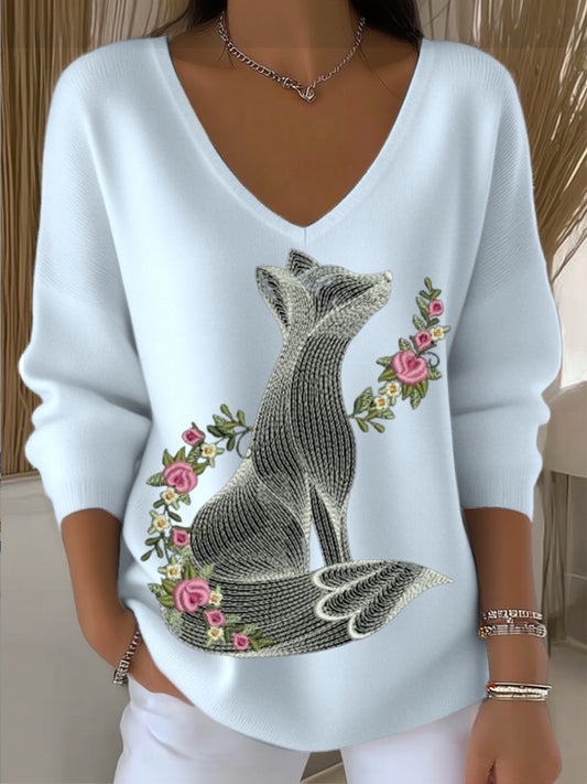 Dámské světle modré roztomilé liška vyšívané v-neck svetr