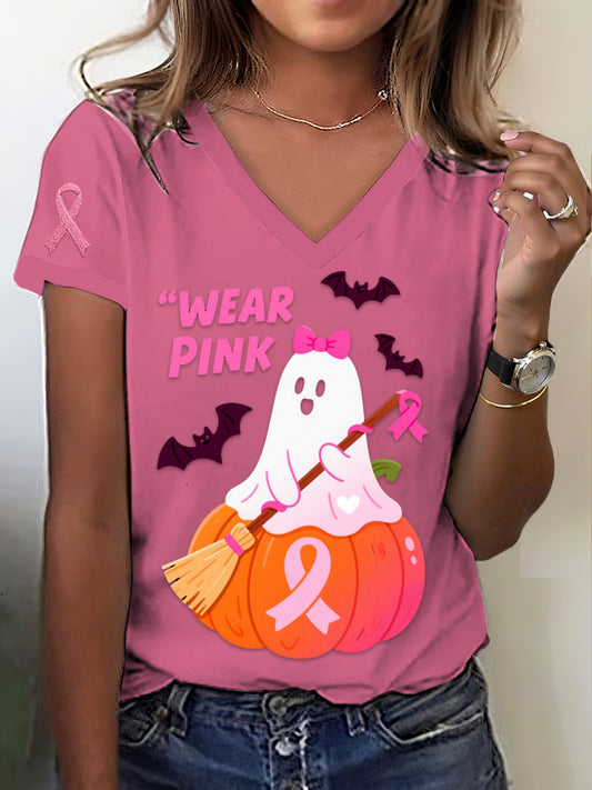 Retro rakovina prsu halloween duch tisk v-neck krátké rukávy t-shirt