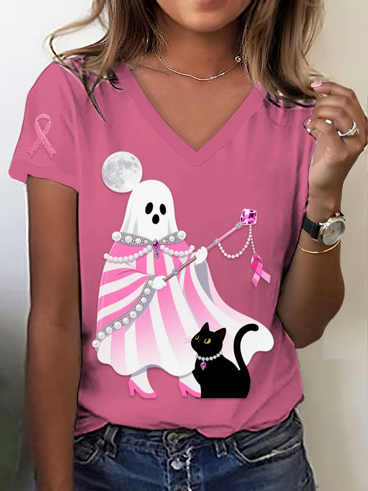 Retro rakovina prsu halloween duch černá kočka šperky tisk v krku krátké rukávy t-shirt