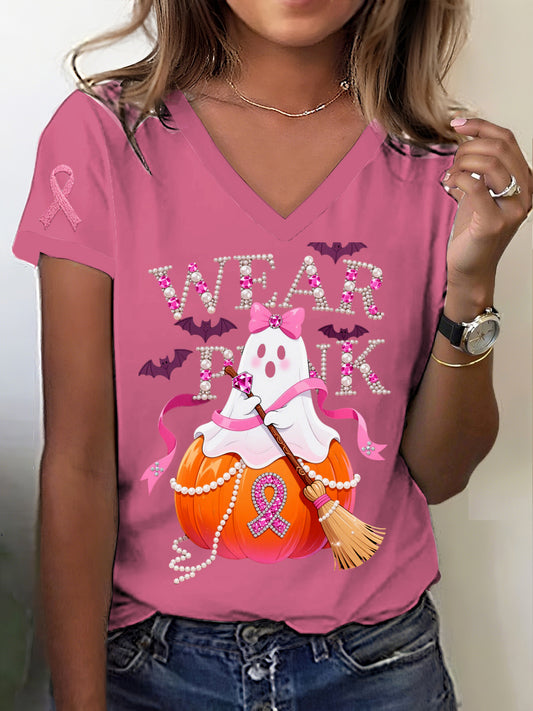 Retro rakovina prsu halloween duch dýně šperky tisk v-neck krátké rukávy t-shirt