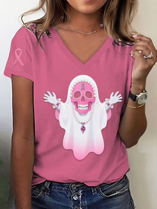 Retro rakovina prsu halloween duch lebka šperky tisk v-neck krátké rukávy t-shirt