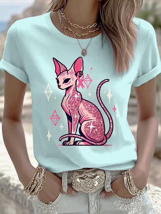 Dámské mint zelená fashion cat stuha t-shirt