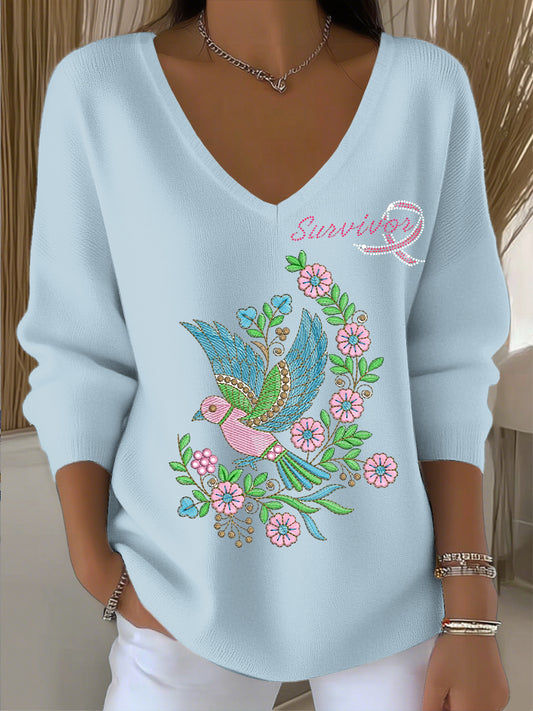 Dámské vintage ptačí a květinové umění v-neck top