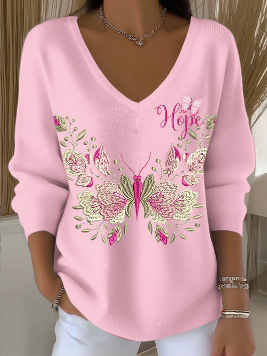 Women's vintage floral butterfly art v-neck top