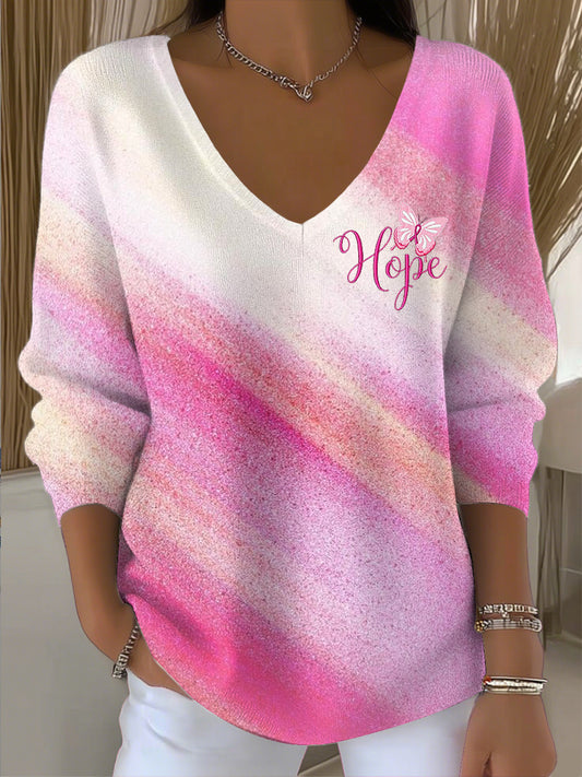 Women's vintage gradient pink artistic v-neck top