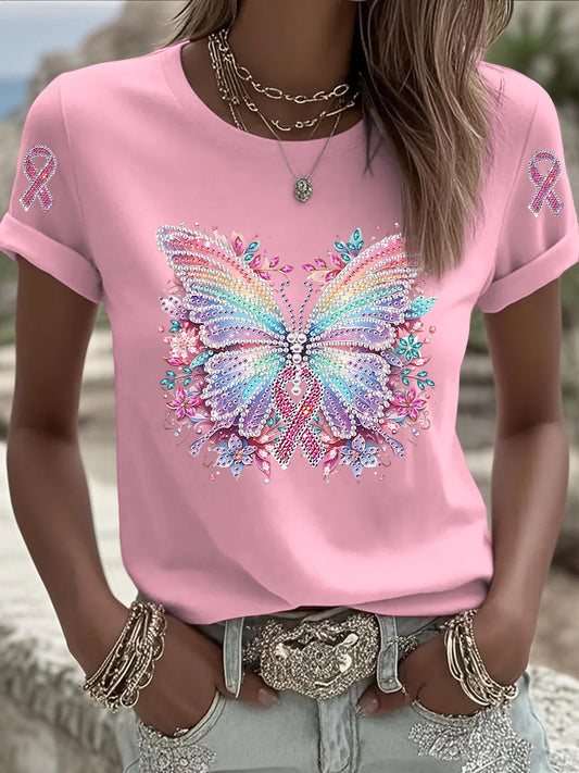 Dámské vintage růžové motýlie příležitostné t-shirt