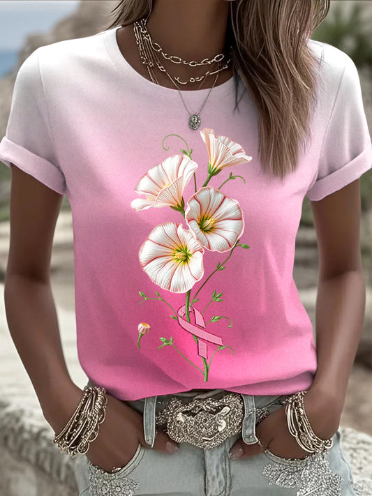 Dámské vintage růžové květinové příležitostné t-shirt