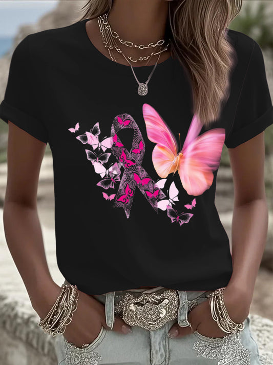 Women's gradient butterfly and ribbon black round neck short sleeved shirt
