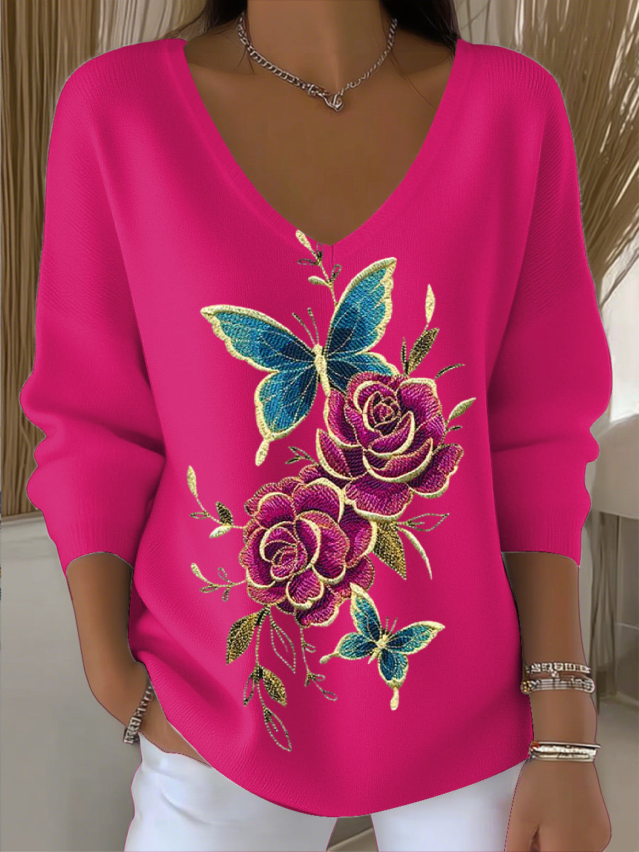 Ženy vintage motýl květinové umění v-neck top