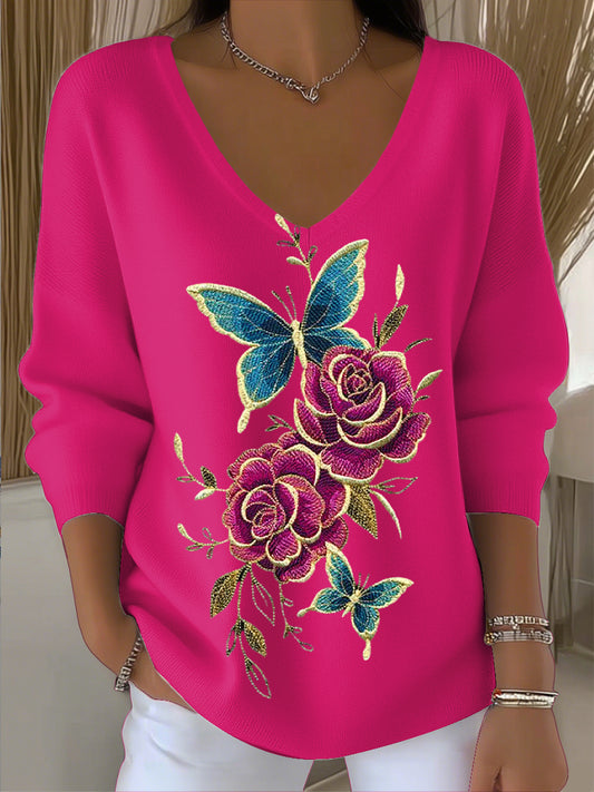 Ženy vintage motýl květinové umění v-neck top