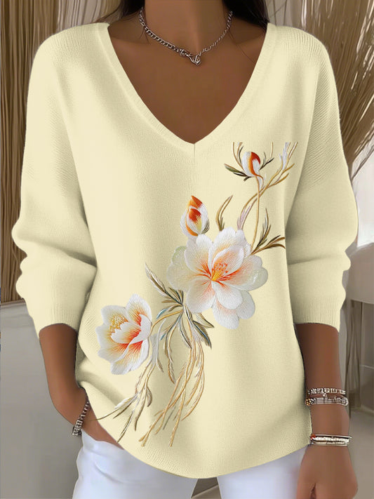 Ženy vintage abstraktní květinové umění v-neck top