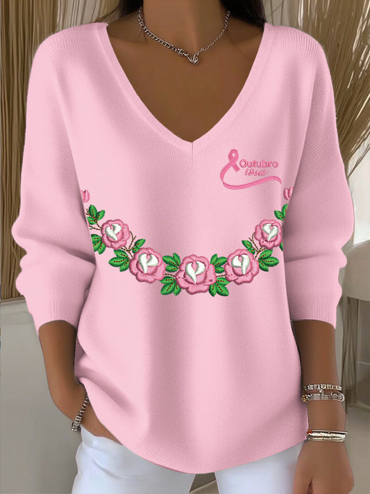 Ženy vintage růžová květinová stuha umění v-neck top
