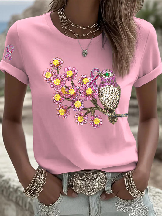 Dámské růžové květiny a ptačí umění v-neck top