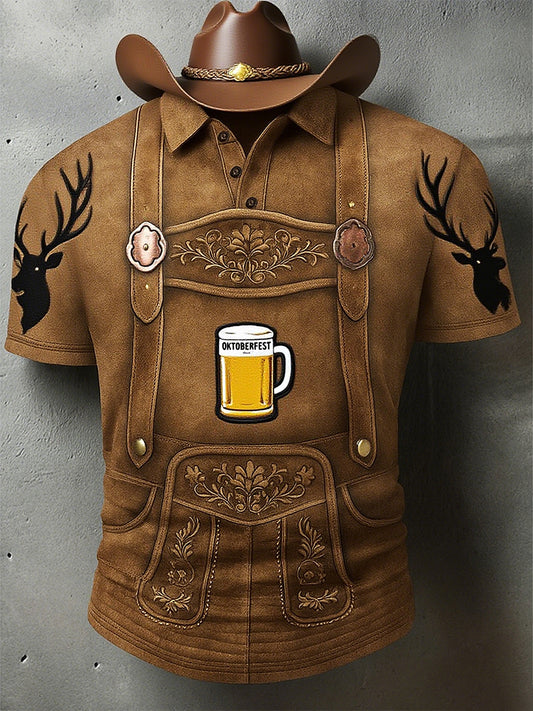 Vintage pánské oktoberfest deerskin art print sleeve polo shirt
